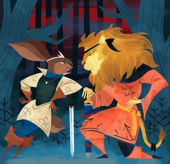 A rabbit and a lion flirt