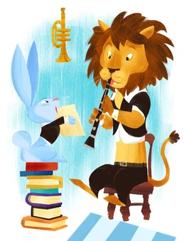 A bunny teaches a lion to play clarinet